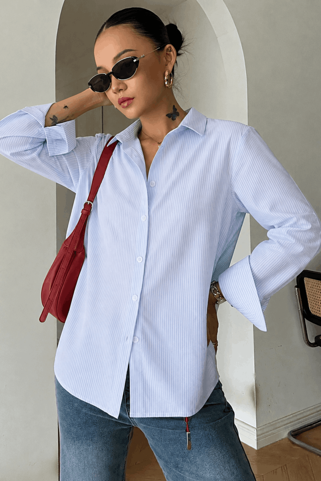 White and blue striped pure cotton shirt Pakistan - Model Shoot Front View 2 MannMoji