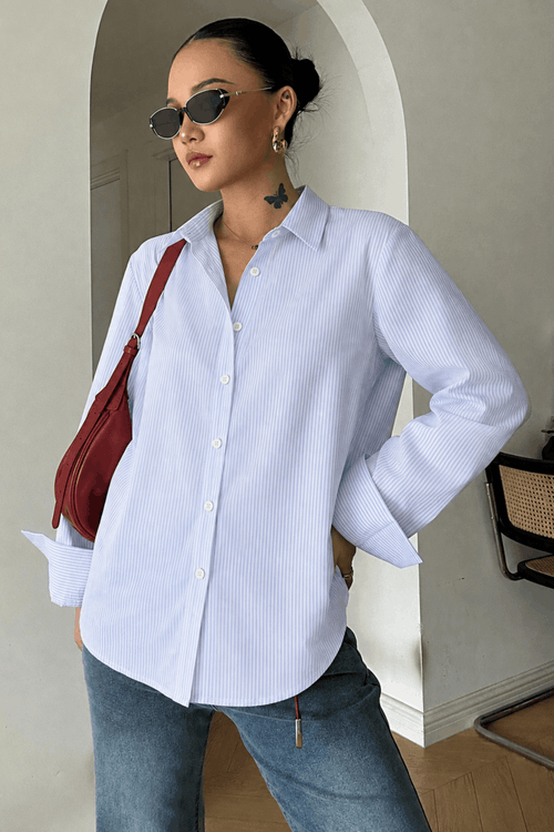 White and blue striped pure cotton shirt Pakistan - Model Shoot Front View MannMoji