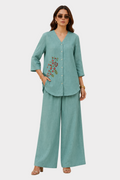 Aqua Bloom Irish Linen Co-ord Set for women in Pakistan - front view | MannMoji