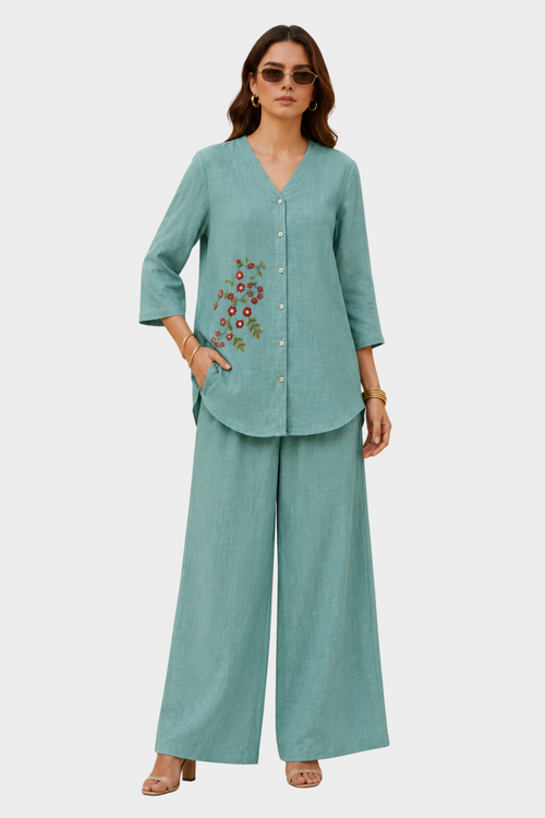 Aqua Bloom Irish Linen Co-ord Set for women in Pakistan - front view | MannMoji