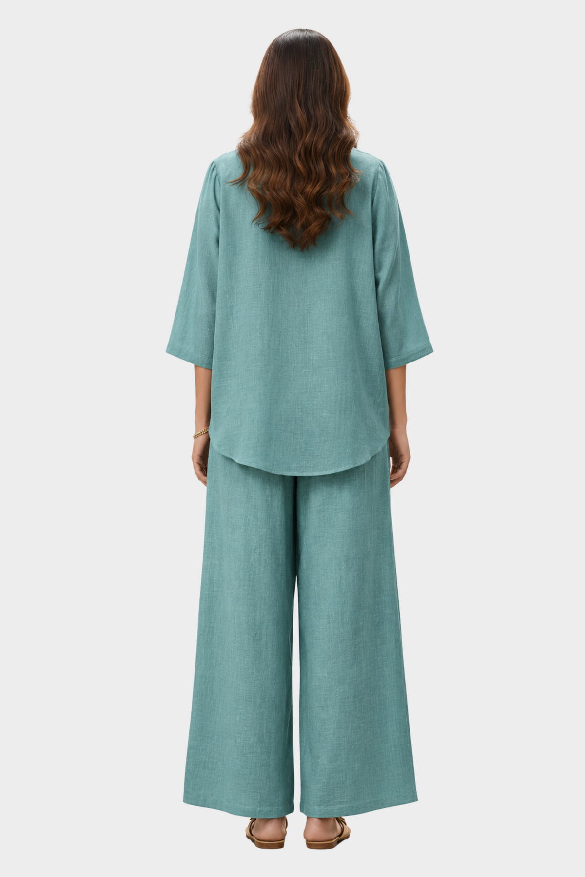 Aqua Bloom Irish Linen Co-ord Set for women in Pakistan - back view | MannMoji