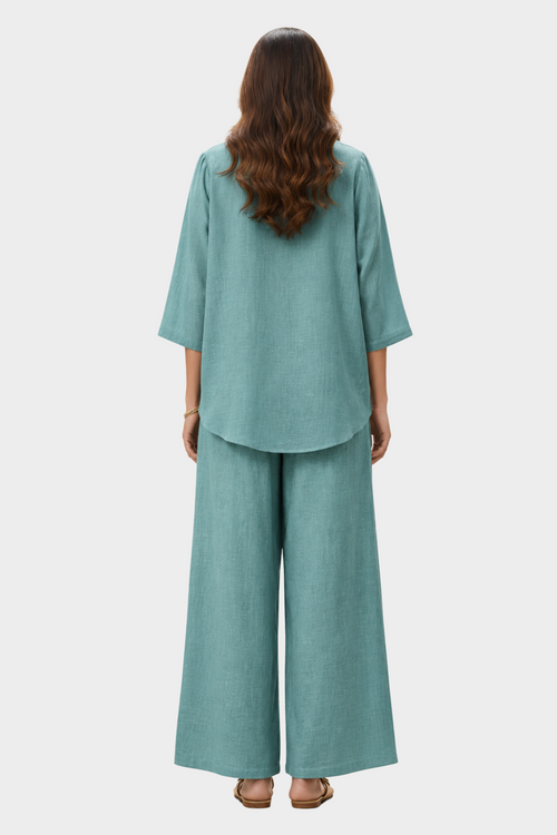 Aqua Bloom Irish Linen Co-ord Set for women in Pakistan - back view | MannMoji