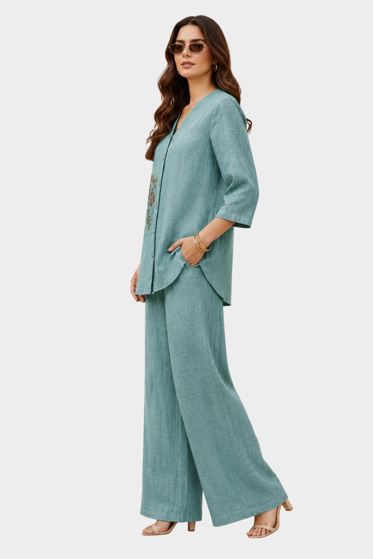 Aqua Bloom Irish Linen Co-ord Set for women in Pakistan - side view | MannMoji