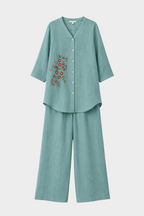 Aqua Bloom Irish Linen Co-ord Set for women in Pakistan - close-up detail | MannMoji