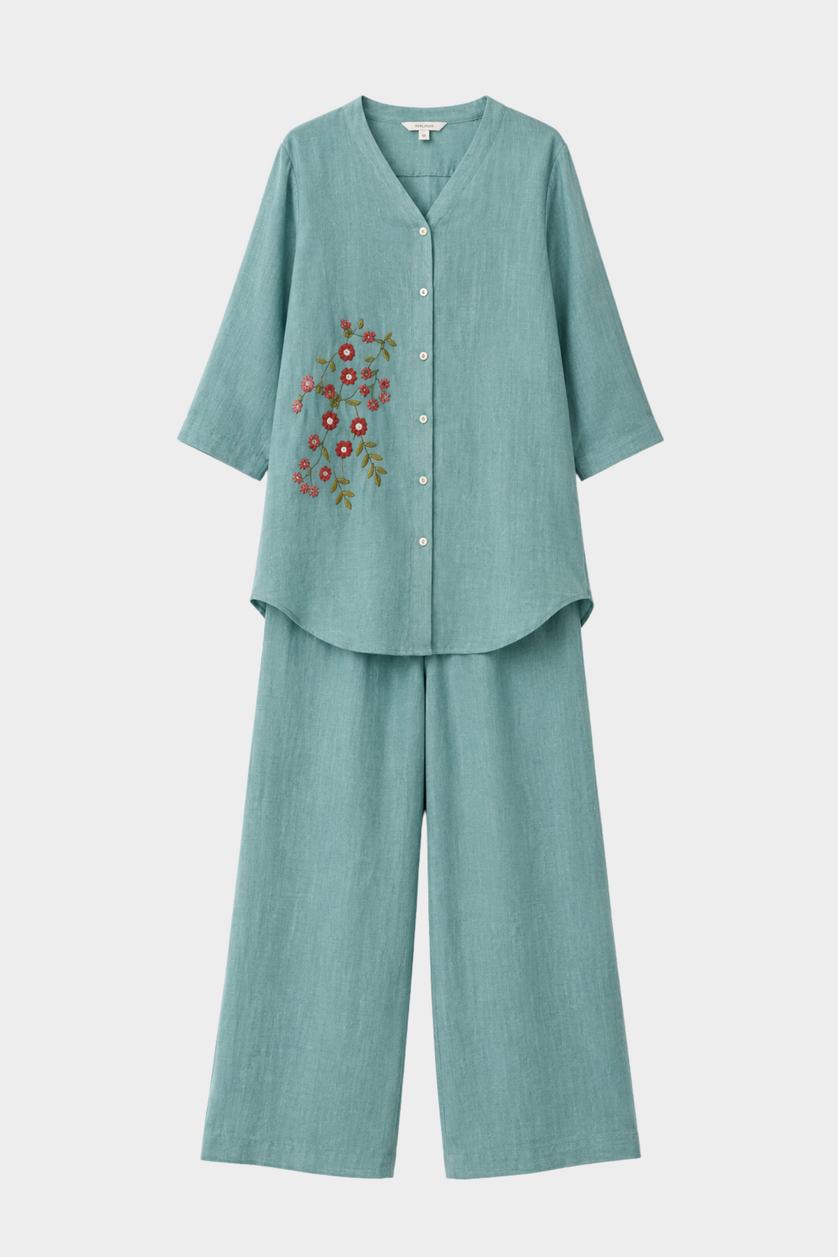 Aqua Bloom Irish Linen Co-ord Set for women in Pakistan - close-up detail | MannMoji