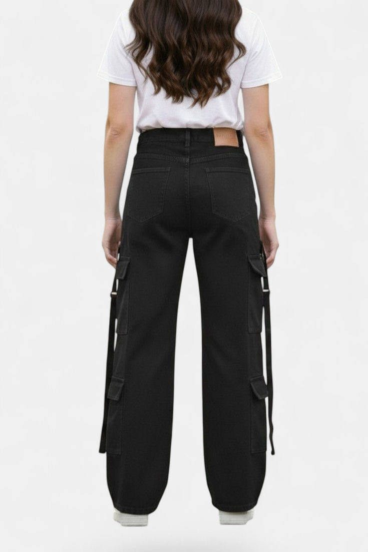Jet Black 8-Pocket Cargo Pants front view — women's fashion Pakistan | MannMoji