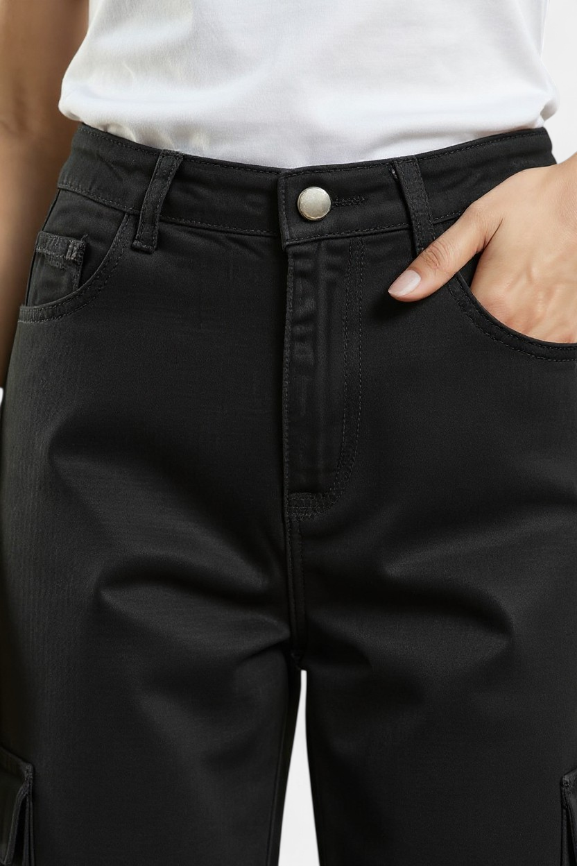 Jet Black 8-Pocket Cargo Pants lifestyle photo — Pakistani women's outfit | MannMoji