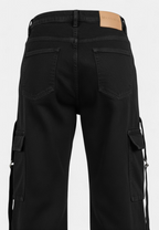 Jet Black 8-Pocket Cargo Pants close-up detail — MannMoji Pakistan
