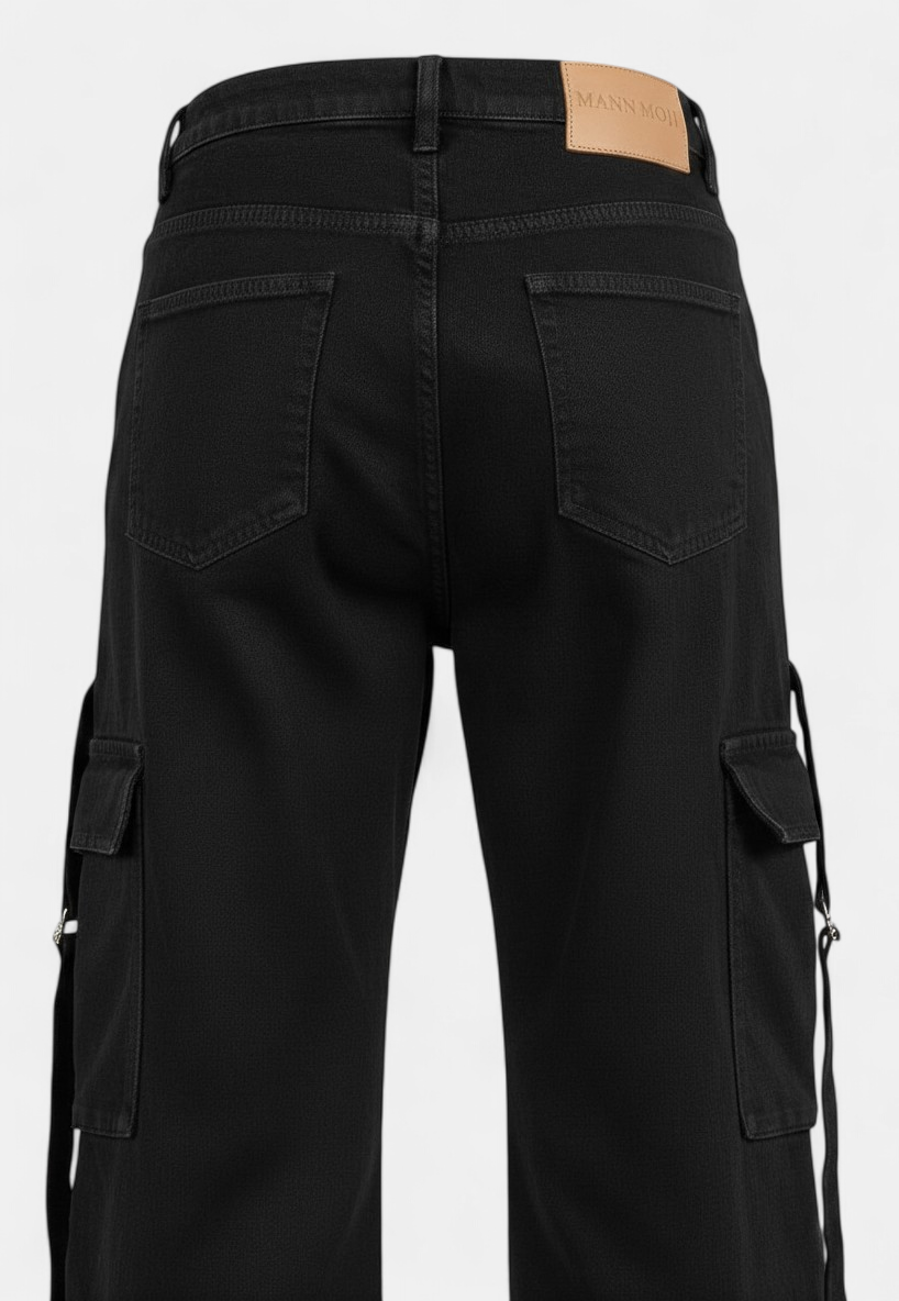 Jet Black 8-Pocket Cargo Pants close-up detail — MannMoji Pakistan