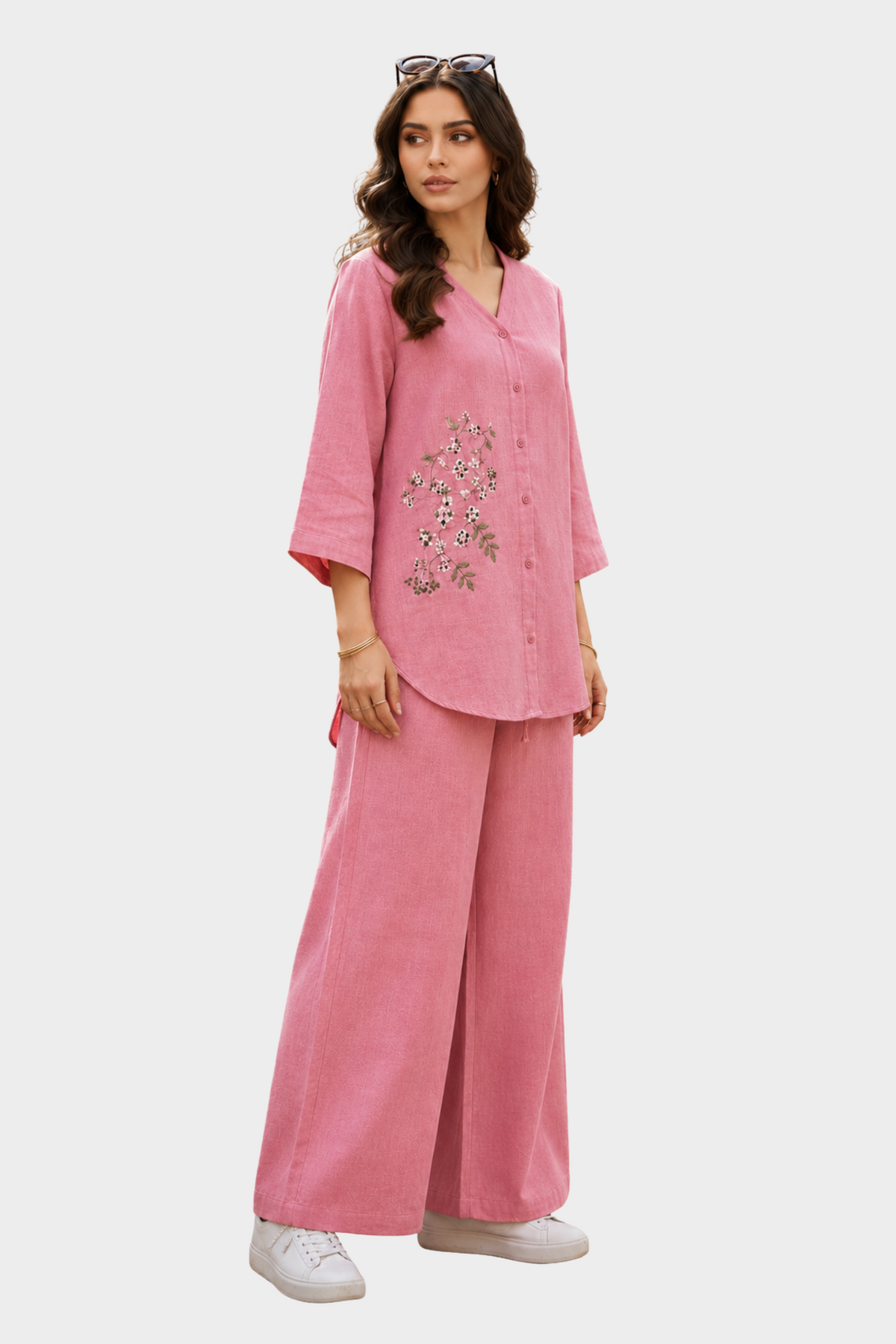 Blush Bloom Cotton Linen Co-ord Set for women in Pakistan - side view | MannMoji