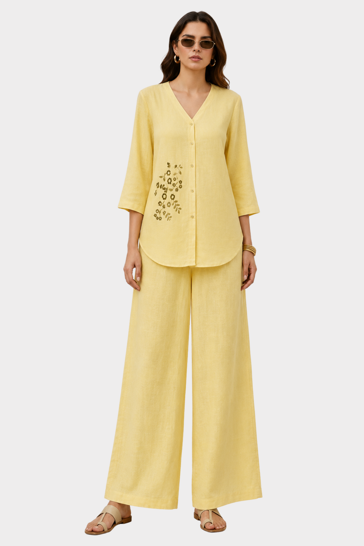 Butter Yellow Cotton Linen Co-ord Set for women in Pakistan - front view | MannMoji