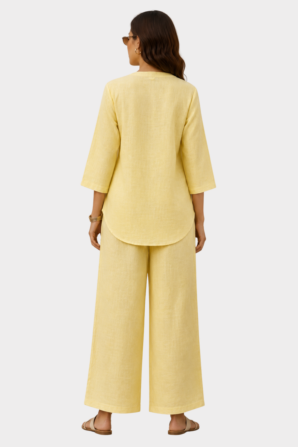Butter Yellow Cotton Linen Co-ord Set for women in Pakistan - back view | MannMoji
