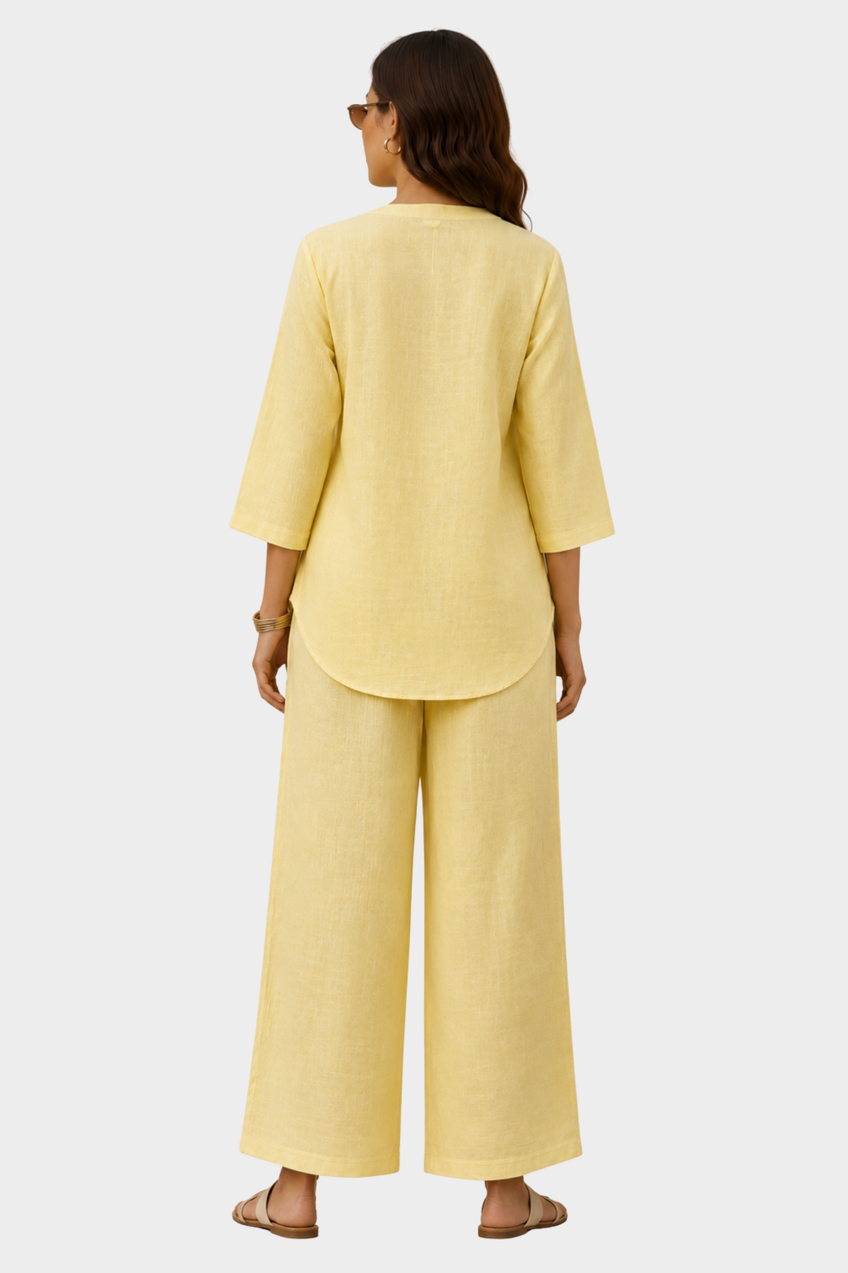 Butter Yellow Cotton Linen Co-ord Set for women in Pakistan - back view | MannMoji