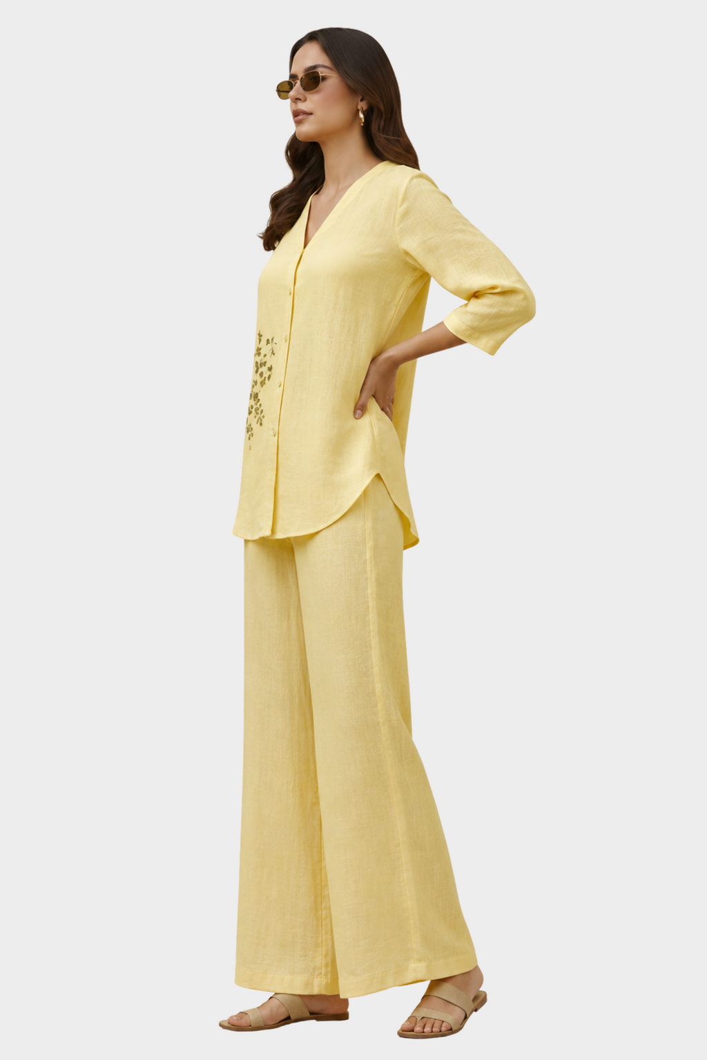 Butter Yellow Cotton Linen Co-ord Set for women in Pakistan - side view | MannMoji