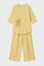 Butter Yellow Cotton Linen Co-ord Set for women in Pakistan - close-up detail | MannMoji