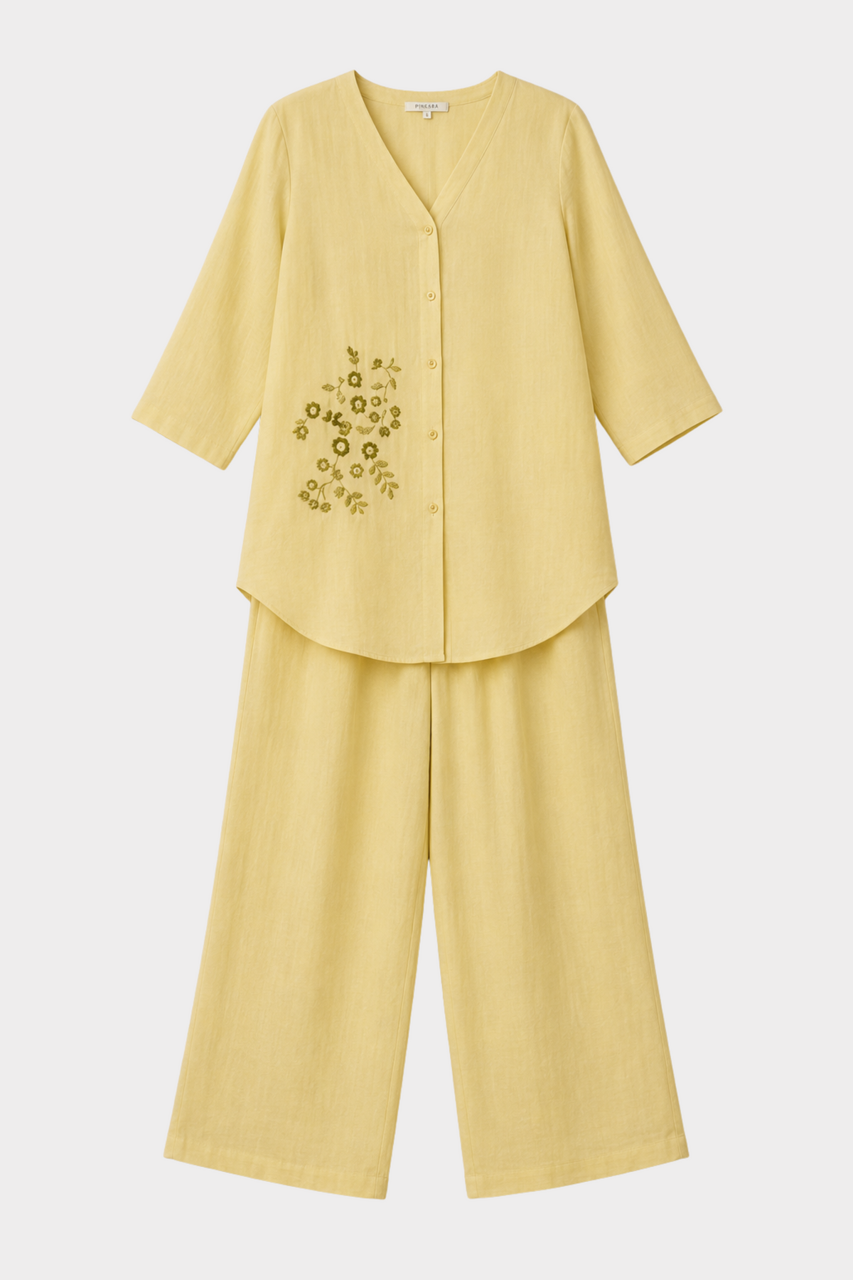 Butter Yellow Cotton Linen Co-ord Set for women in Pakistan - close-up detail | MannMoji