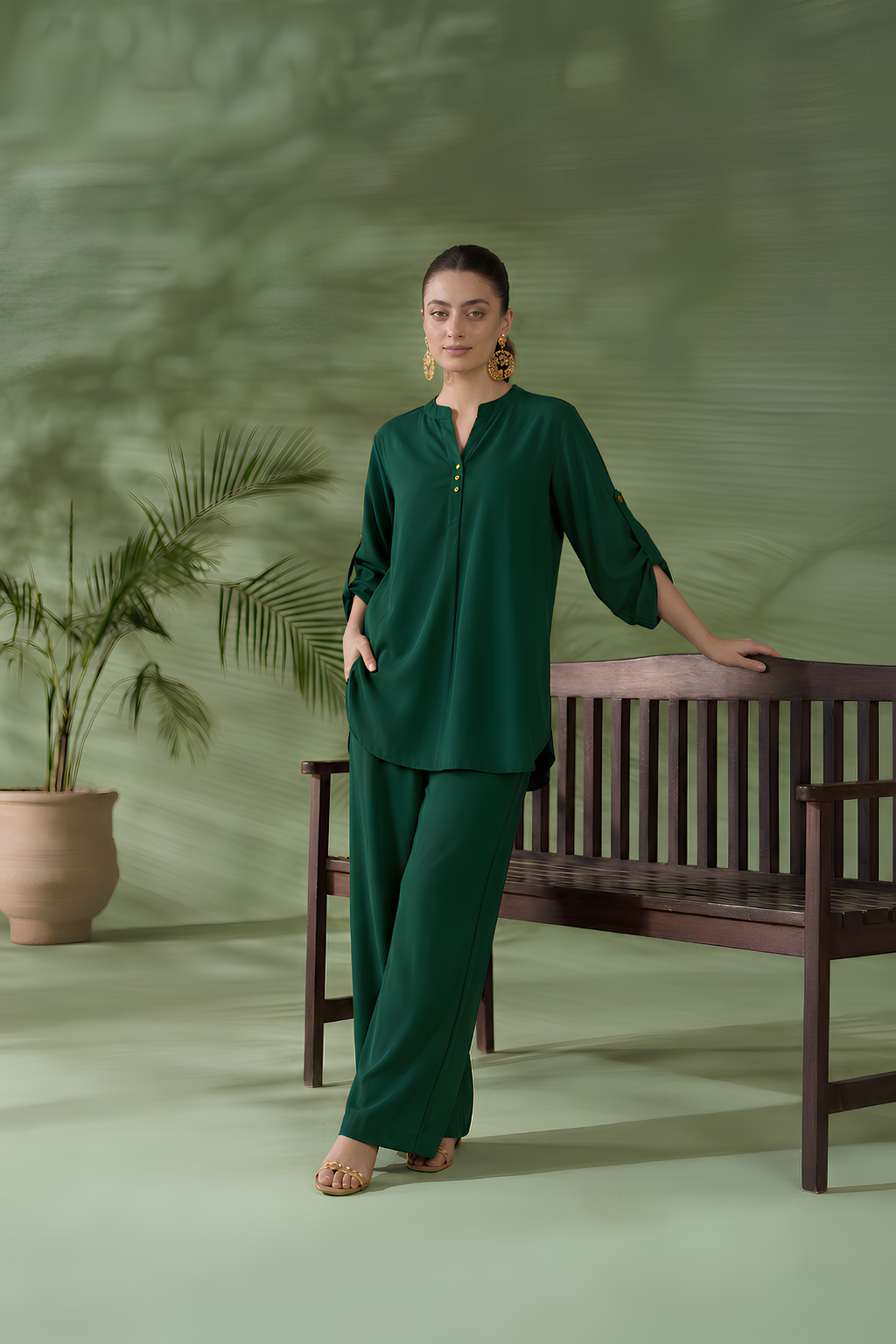 Forest Green Cotton-Viscose Co-Ord Set for women in Pakistan - front view | MannMoji
