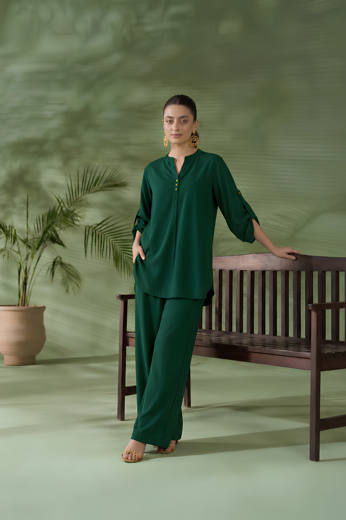 Forest Green Cotton-Viscose Co-Ord Set for women in Pakistan - front view | MannMoji