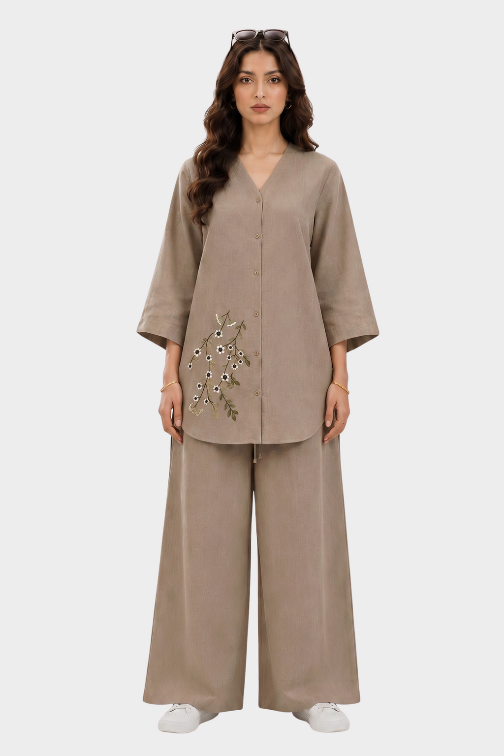 Mocha Beige Irish Linen Co-Ord Set for women in Pakistan - front view | MannMoji