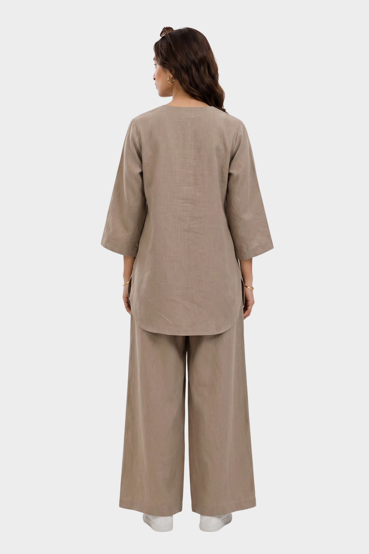 Mocha Beige Irish Linen Co-Ord Set for women in Pakistan - back view | MannMoji