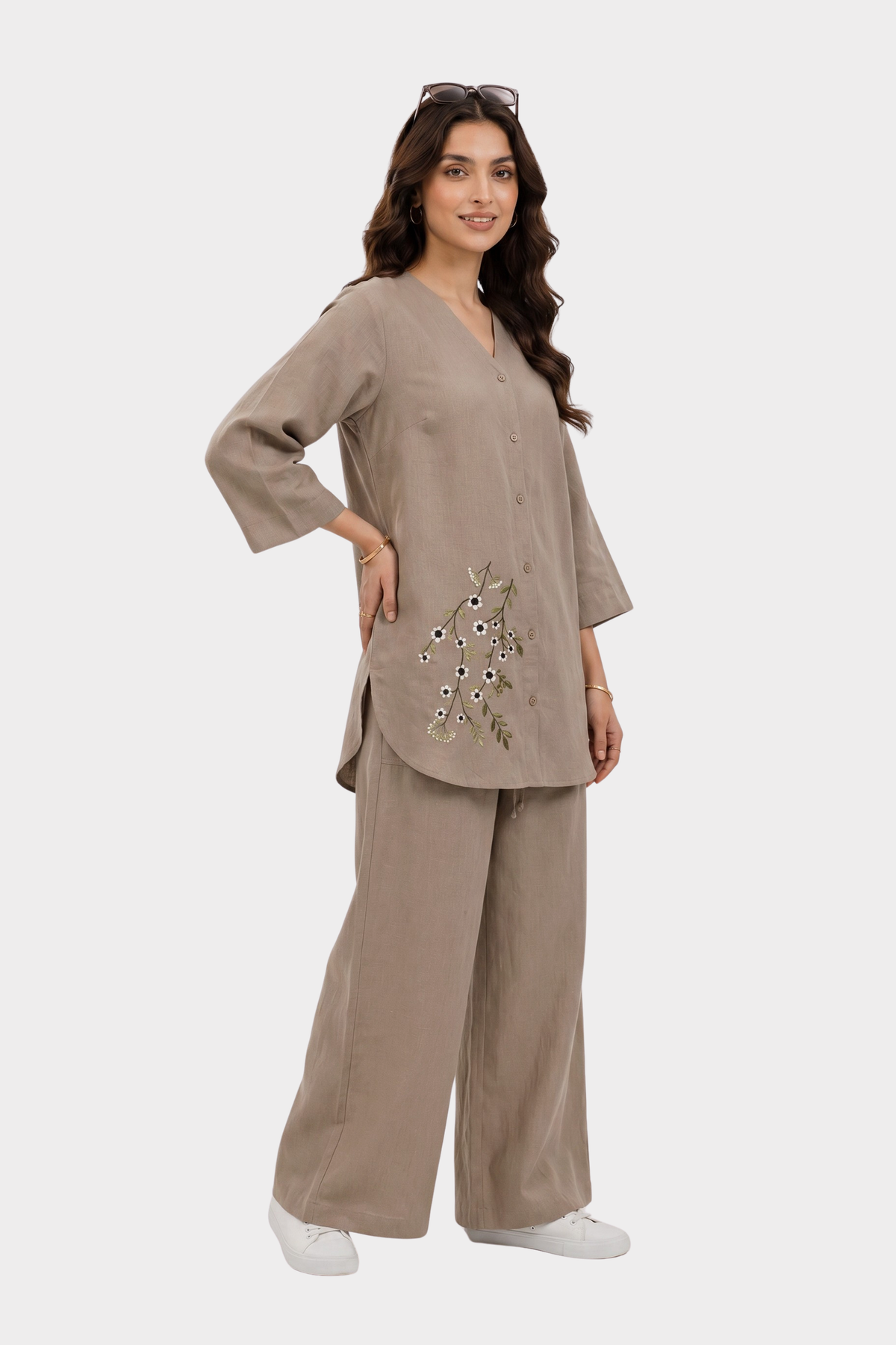 Mocha Beige Irish Linen Co-Ord Set for women in Pakistan - side view | MannMoji