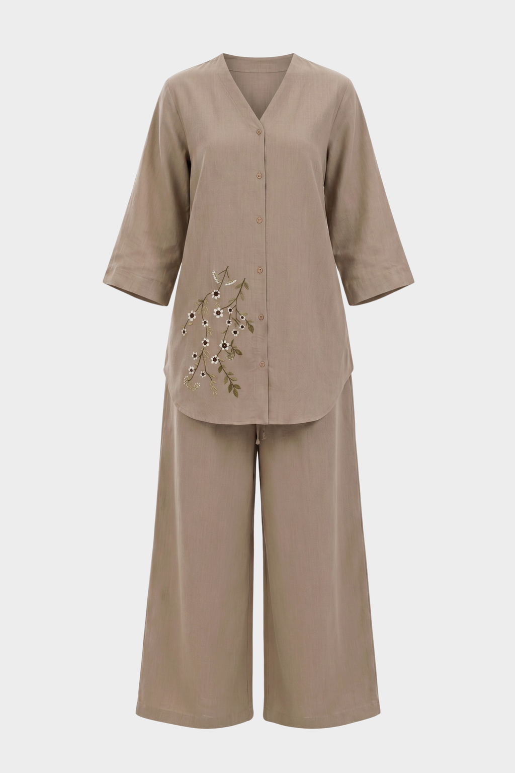 Mocha Beige Irish Linen Co-Ord Set for women in Pakistan - close-up detail | MannMoji