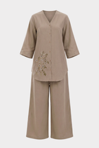 Mocha Beige Irish Linen Co-Ord Set for women in Pakistan - close-up detail | MannMoji