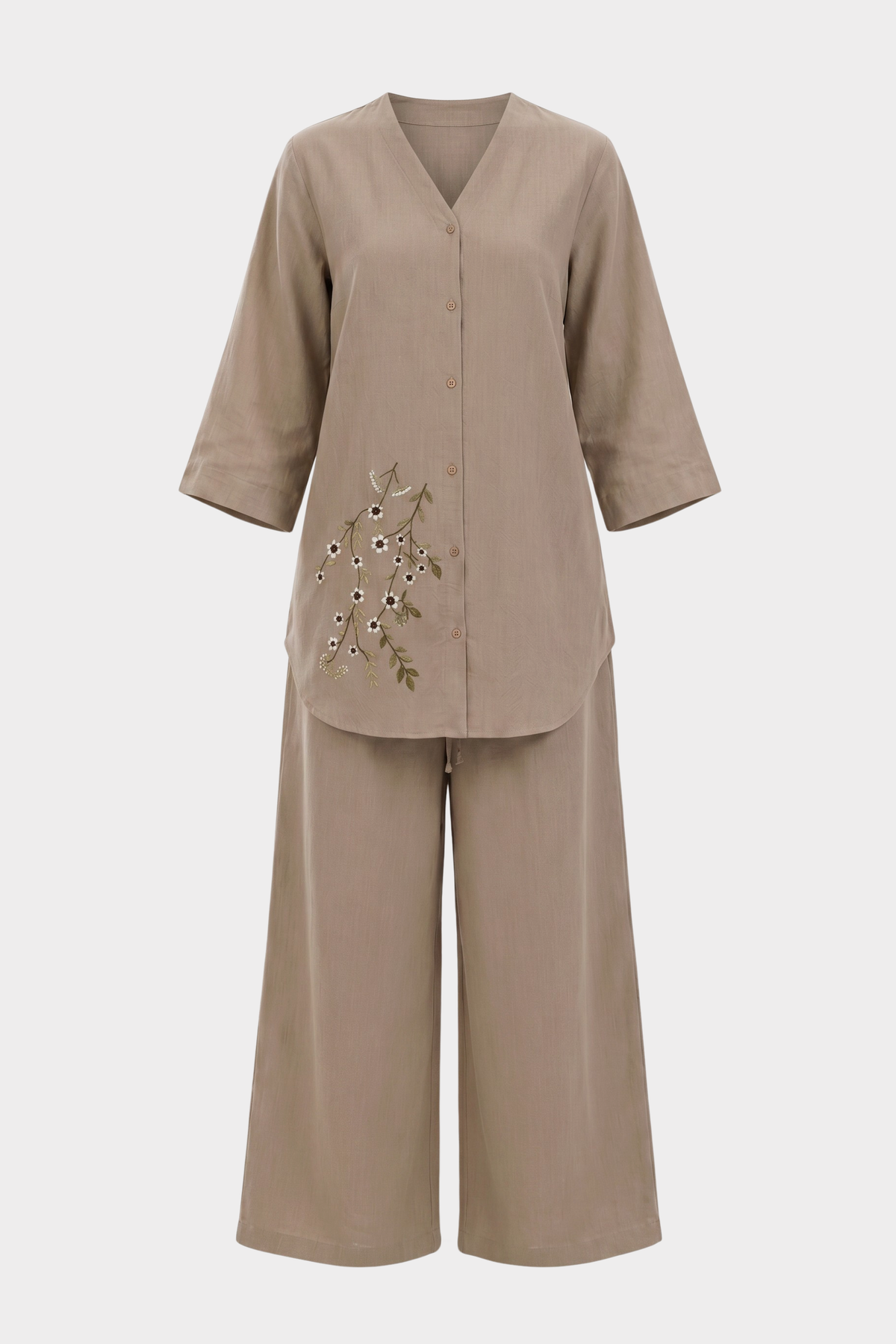 Mocha Beige Irish Linen Co-Ord Set for women in Pakistan - close-up detail | MannMoji