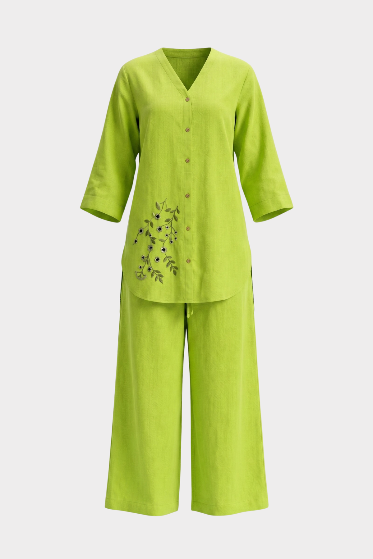 Parrot Green Blossom Irish Linen Co-Ord Set for women in Pakistan - close-up detail | MannMoji