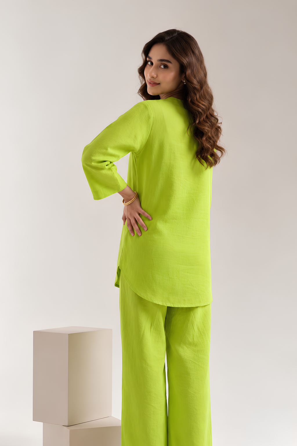 Parrot Green Blossom Irish Linen Co-Ord Set for women in Pakistan - back view | MannMoji