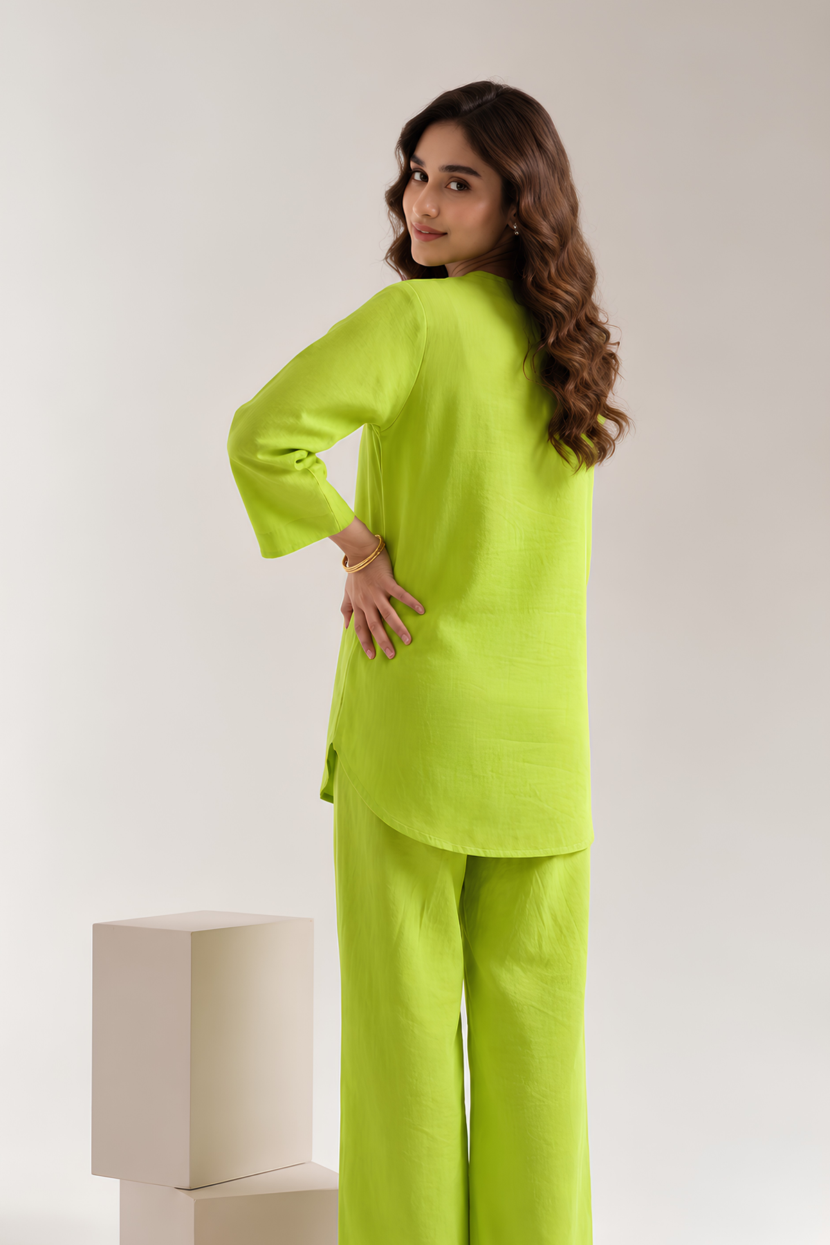 Parrot Green Blossom Irish Linen Co-Ord Set for women in Pakistan - back view | MannMoji