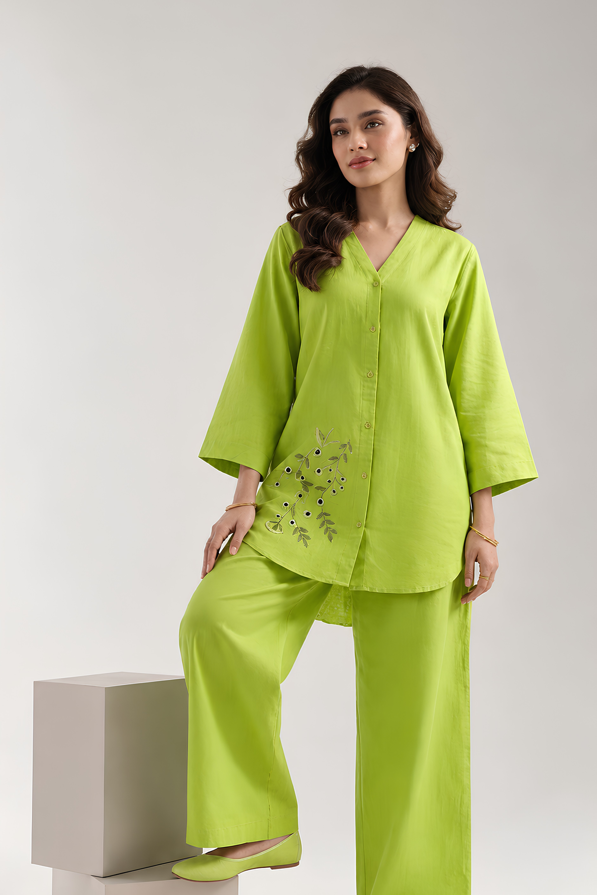 Parrot Green Blossom Irish Linen Co-Ord Set for women in Pakistan - front view | MannMoji