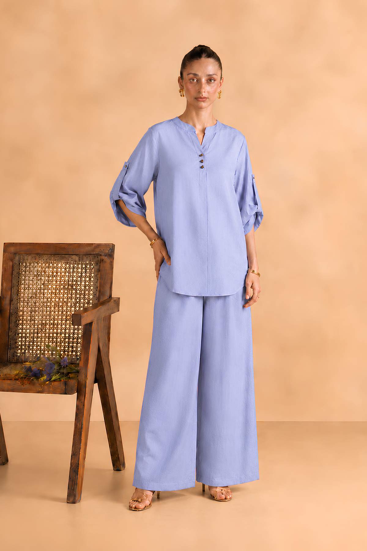 Powder Blue Cotton-Viscose Co-Ord Set for women in Pakistan - front view | MannMoji
