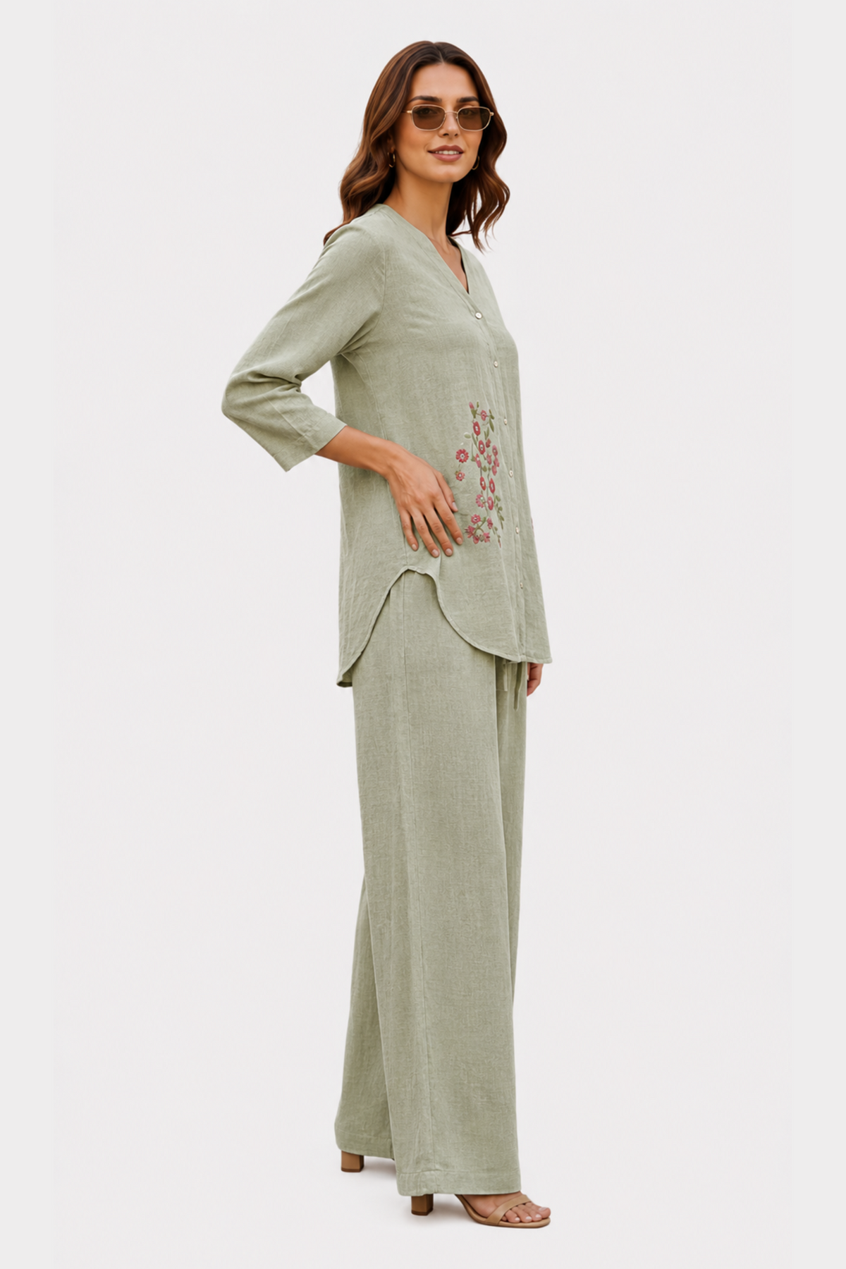 Sage Bloom Irish Linen Co-ord Set for women in Pakistan - side view | MannMoji