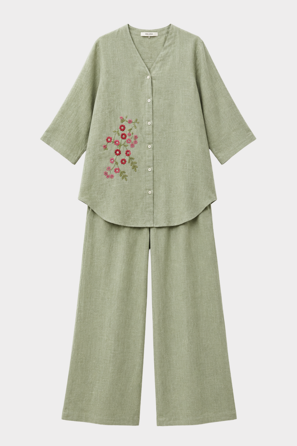 Sage Bloom Irish Linen Co-ord Set for women in Pakistan - close-up detail | MannMoji