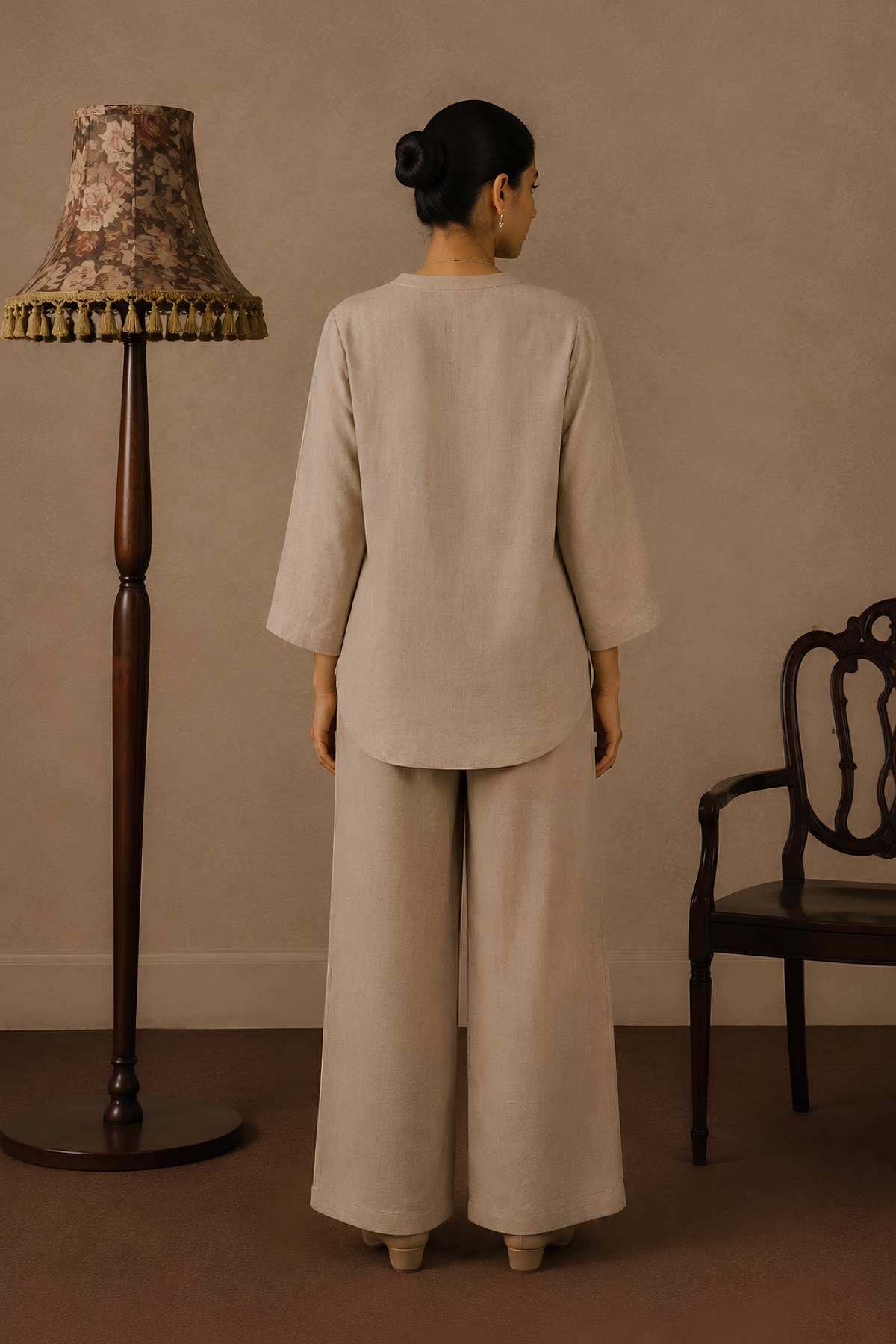 Sandstone Bloom Irish Linen Co-ord Set for women in Pakistan - back view | MannMoji