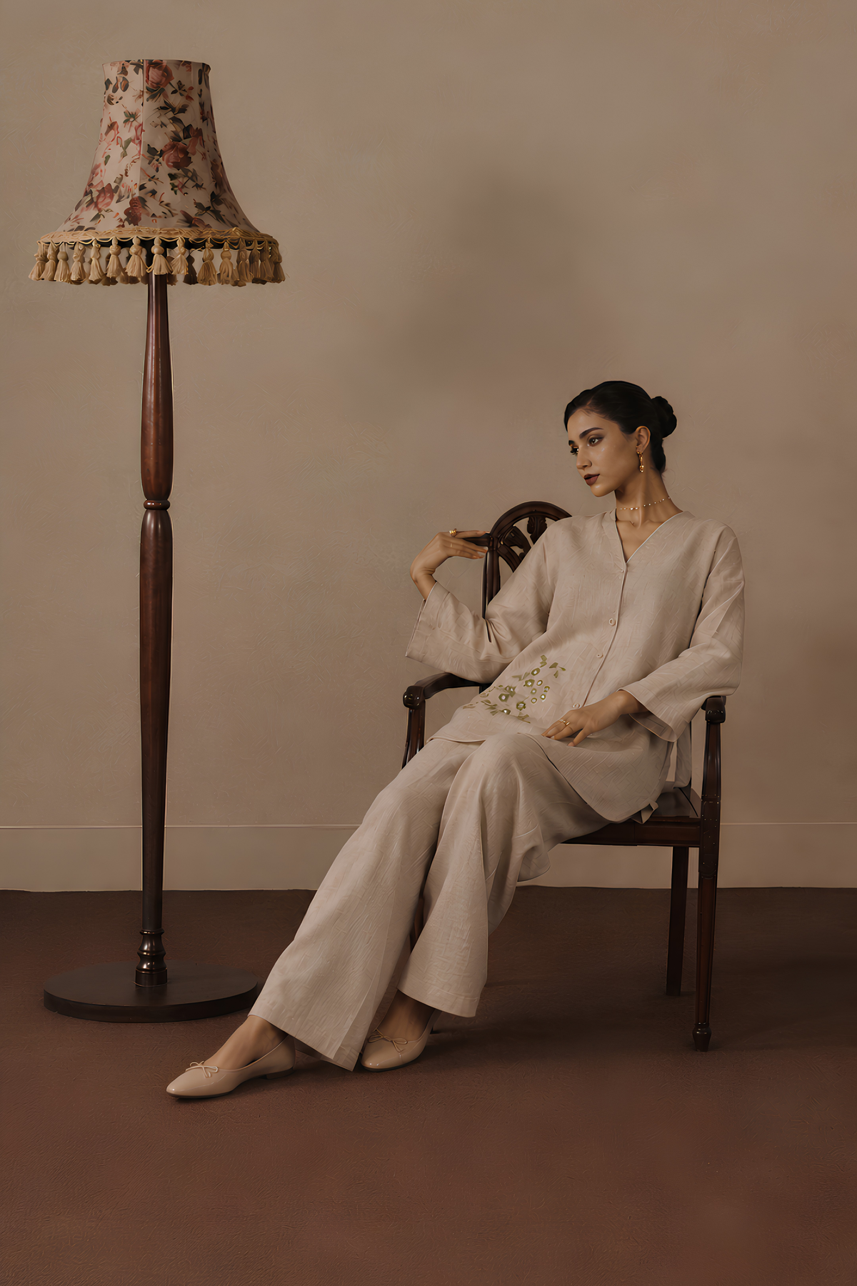 Sandstone Bloom Irish Linen Co-ord Set for women in Pakistan - front sitting view | MannMoji
