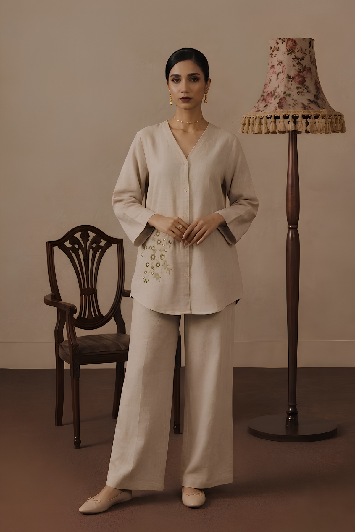 Sandstone Bloom Irish Linen Co-ord Set for women in Pakistan - front view | MannMoji