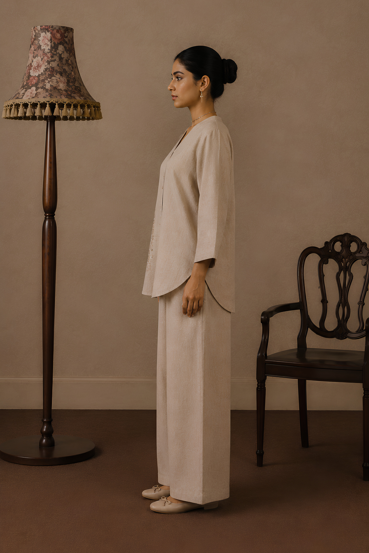 Sandstone Bloom Irish Linen Co-ord Set for women in Pakistan - side view | MannMoji