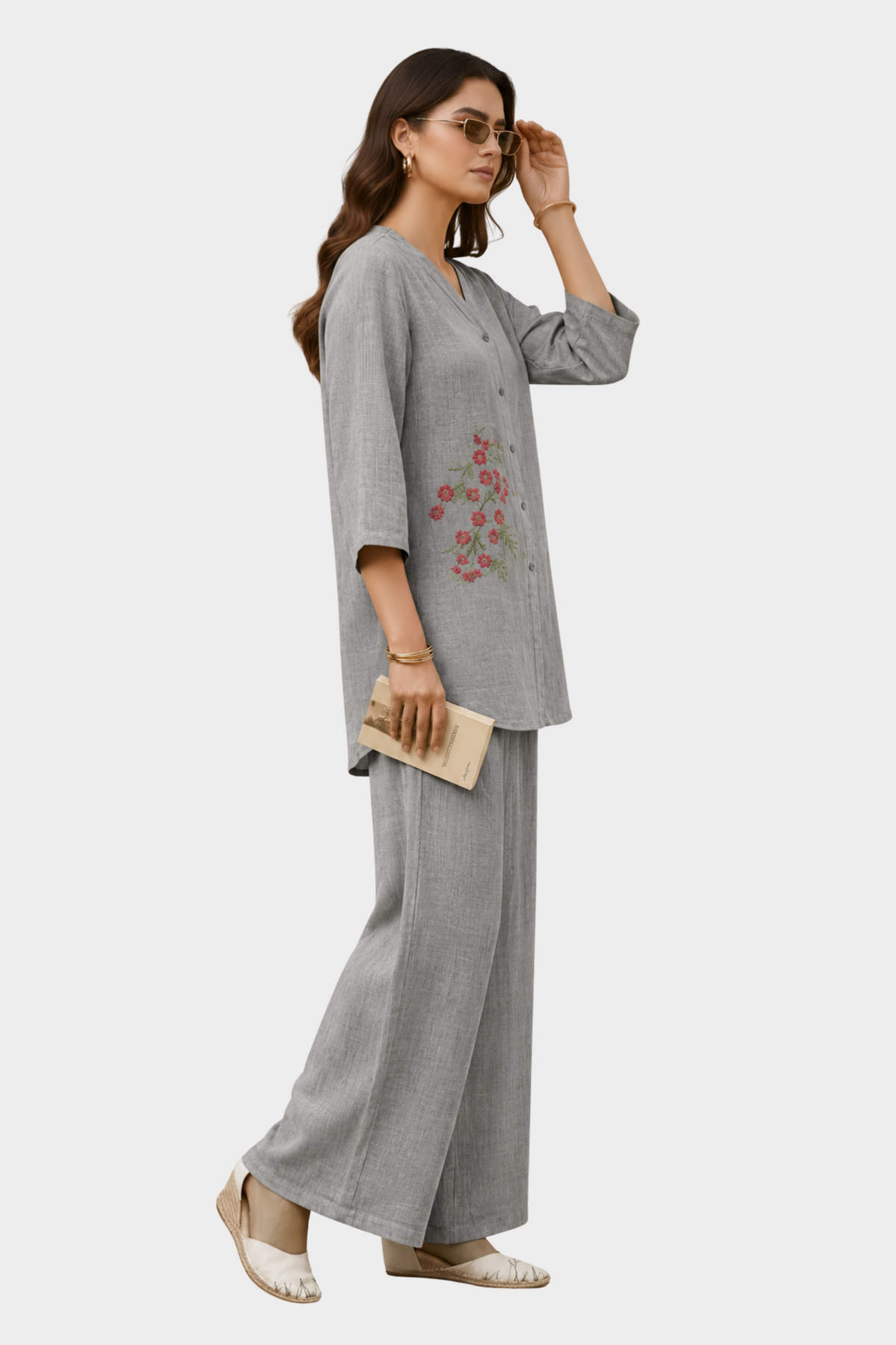 Silver Bloom Irish Linen Co-ord Set for women in Pakistan - side view | MannMoji